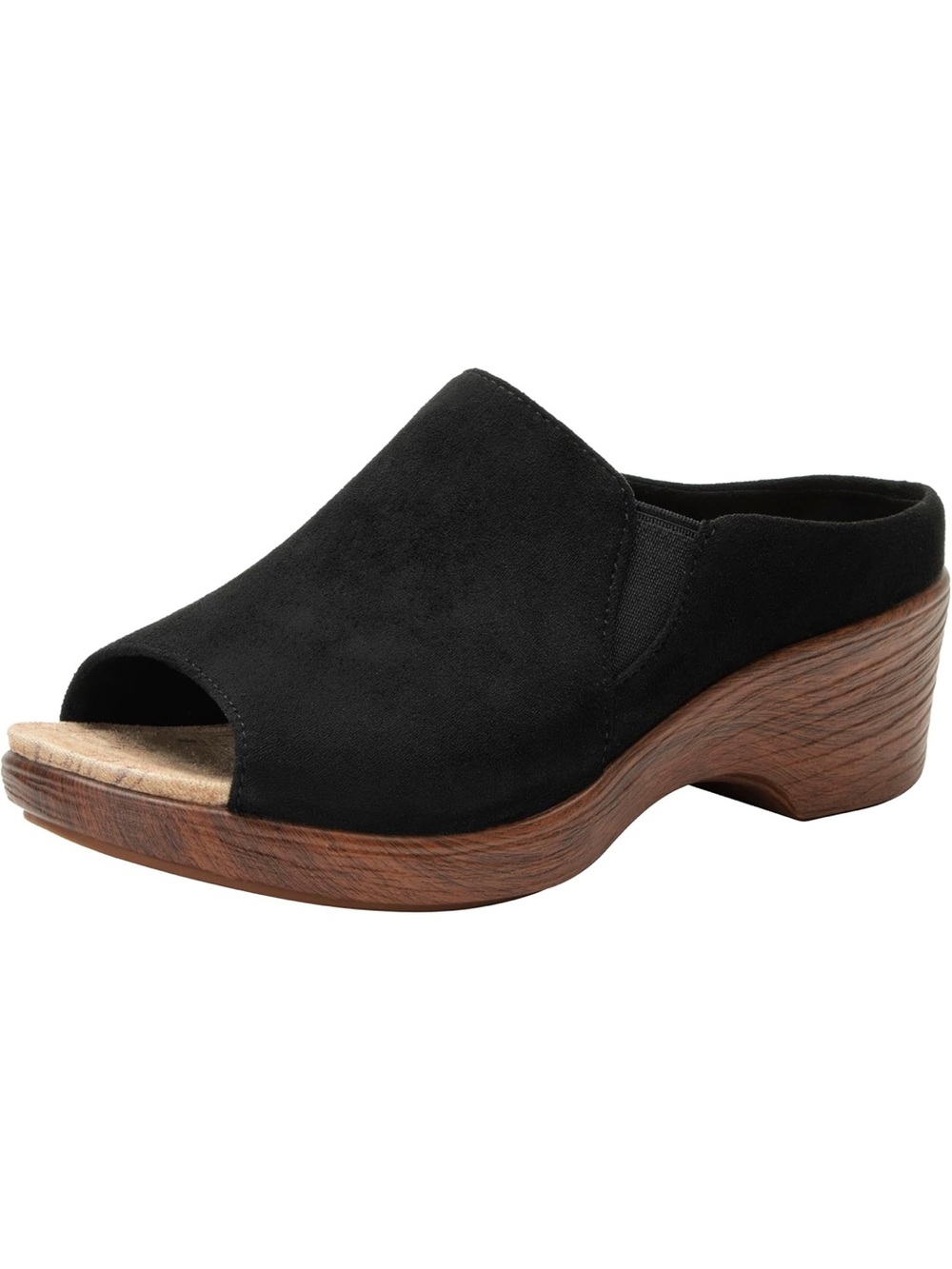 Alegria Shilaine Clog Black Suede Open-Toe Wood memory foam Wedge Mule